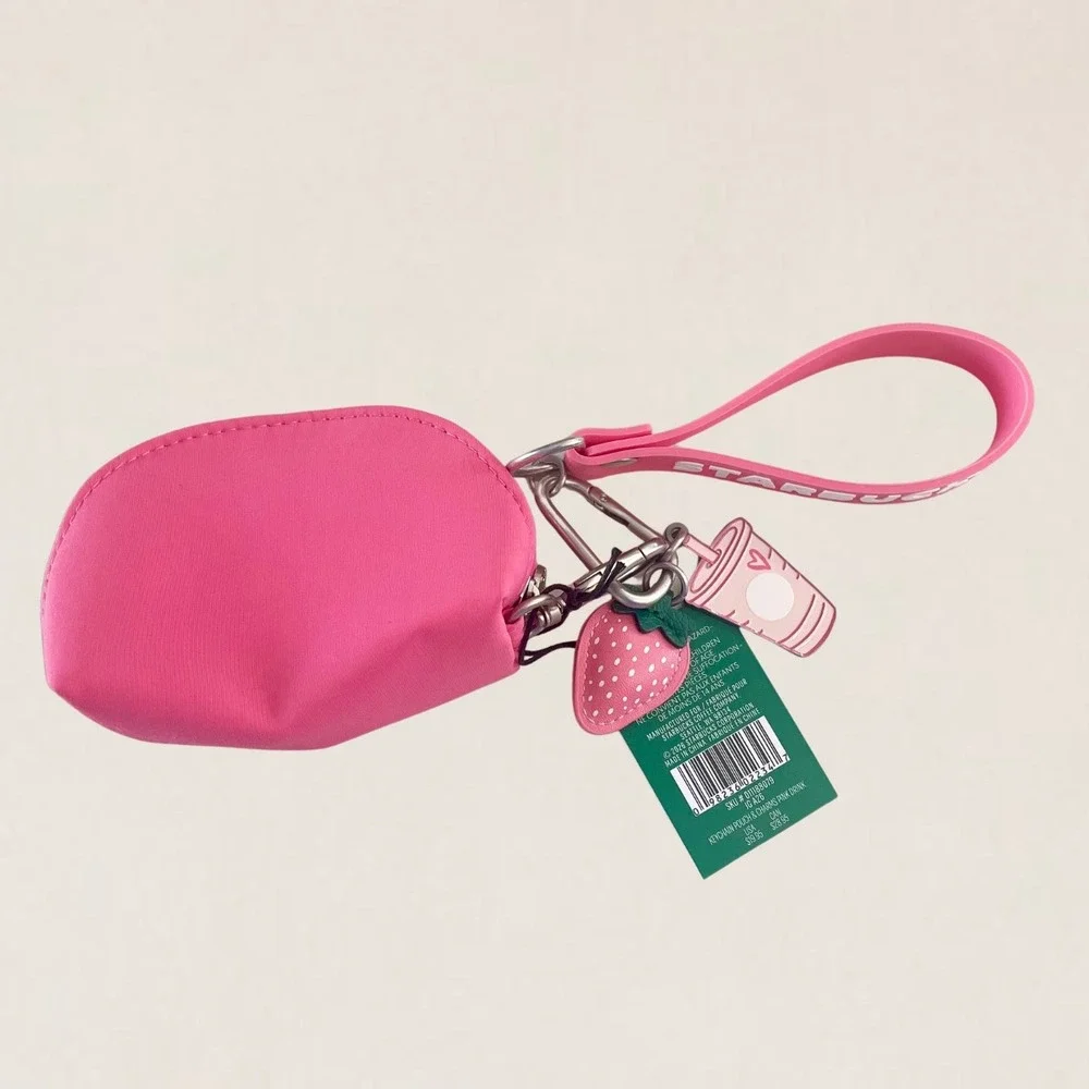 Starbucks Pink Drink Keychain Pouch & Charms Hot Pink Nylon Wristlet Limited Ed